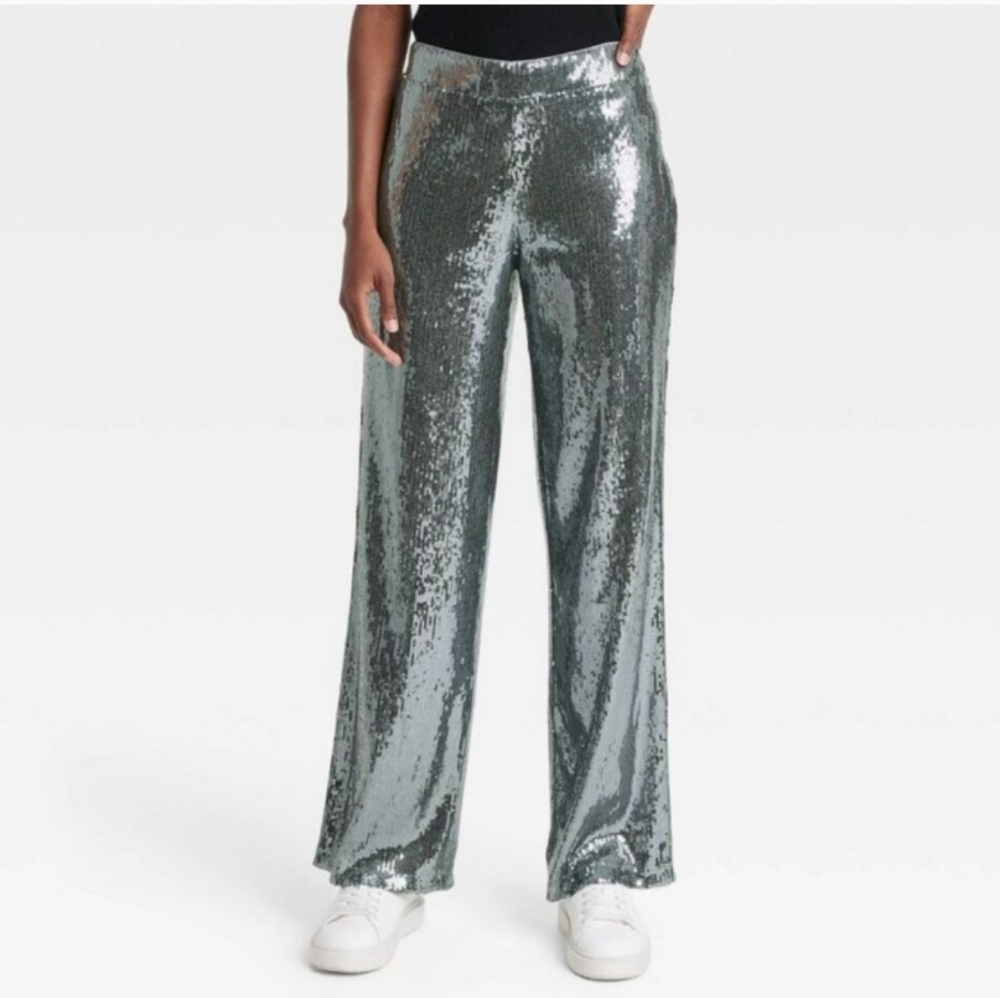 A New Day Silver Sequin High Waist Wide Leg Pants Size 10 NWT